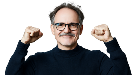 a portrait of an older man wearing glasses and a sweater with a mustache pointing to his left ear against a transparent background, photo PNG image, PNG file, Generative art.