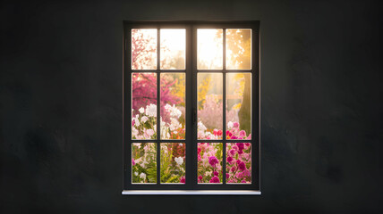 Fototapeta premium A view of a spring garden with various spring flowers in bloom through a window. The morning sunlight is dazzling, and the air is fresh and refreshing.