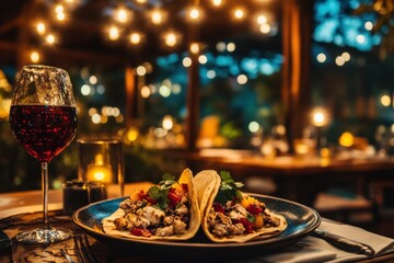 Cozy Evening Dining Experience Featuring Delicious Tacos with Colorful Toppings Surrounded by Soft Lighting and a Glass of Red Wine on an Inviting Table