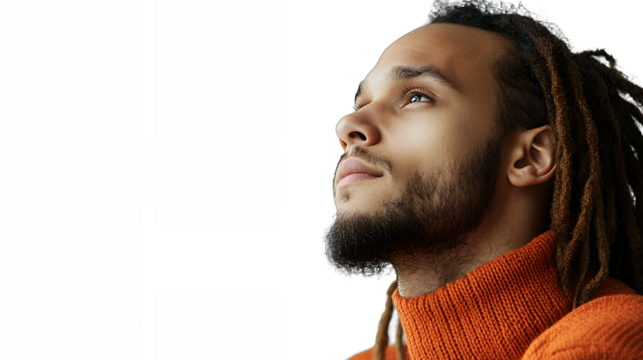 a portrait of a young man with long hair and a beard wearing an orange sweater against a transparent background, PNG image, PNG file, Generative art.