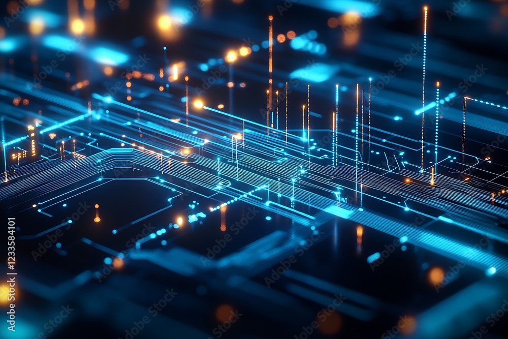 Poster Modern High Tech Digital Network Interface with Neon Illuminations : Generative AI