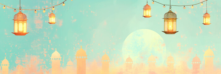 Inviting Ramadan: mint sky, glowing lanterns, and a patterned prayer mat.