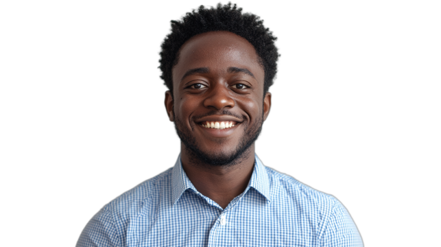 a black man in a blue shirt smiling at the camera PNG image, PNG file, Generative art.