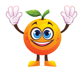 Orange character raising hands, full of excitement. Vector cartoon illustration
