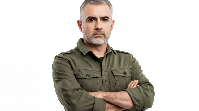 a man with a beard and green shirt posing on a transparent background, PNG image, PNG file, Generative art.