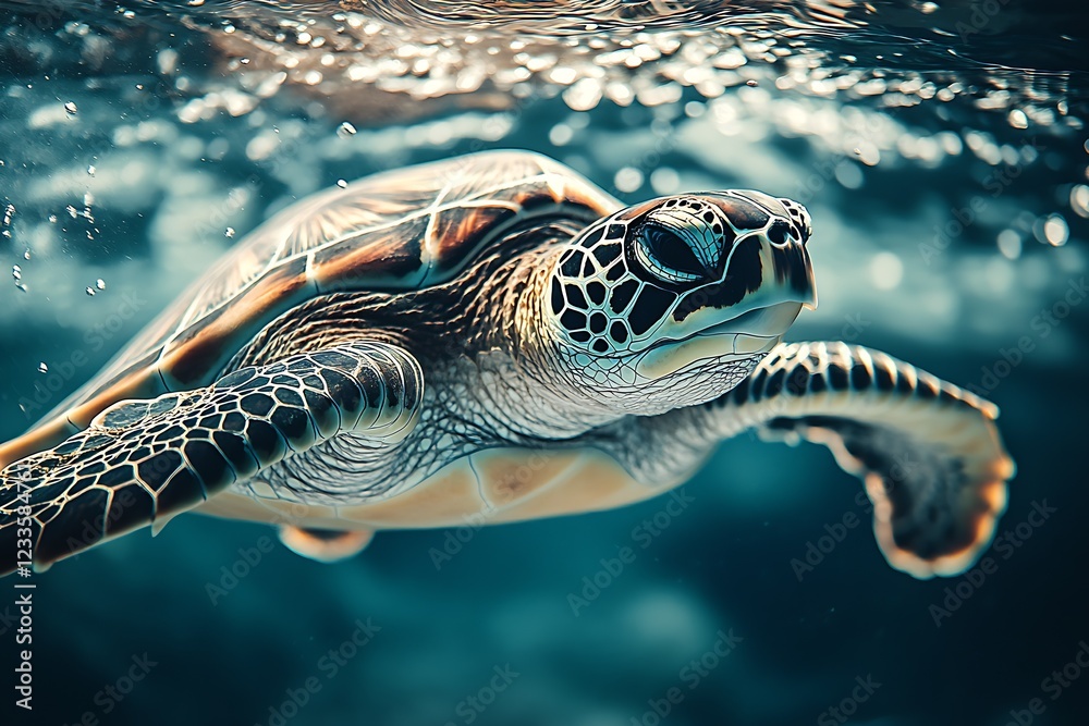 Poster close up of majestic sea turtle gliding serenely through pristine marine ecosystem : generative ai
