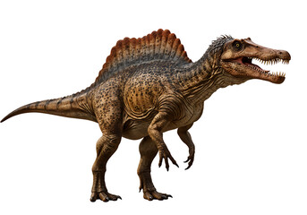 Obraz premium A full shot of a Spinosaurus dinosaur, rendered in high detail, against a plain white background.