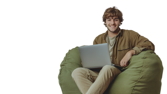 a young man sitting in a green chair with a laptop on his lap PNG image, PNG file, Generative art.