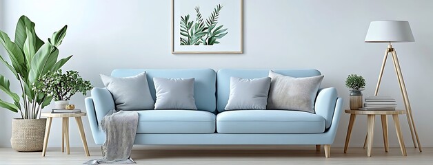 Contemporary Living Room with Sleek Blue Sofa and Verdant Plants for a Relaxed Ambiance : Generative AI