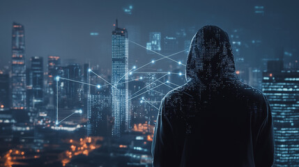 Hacker are planning to hack and attack networks and cyber security , innovative Smart city and graphs with statistics to analyze business potential and predict future developments in company growth