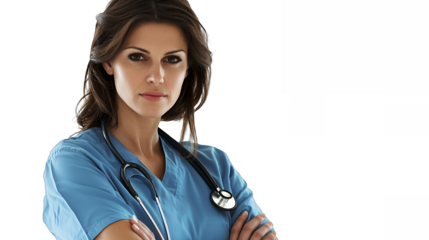 a female doctor or nurse in a blue uniform with a stethoscope crossing her arms on a transparent background, PNG image, PNG file, Generative art.