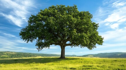 A solitary tree stands majestically on a grassy hill under a blue sky with wispy clouds.