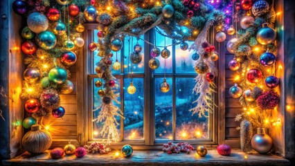 Festive, surreal window display: a garland's dreamlike New Year's enchantment.