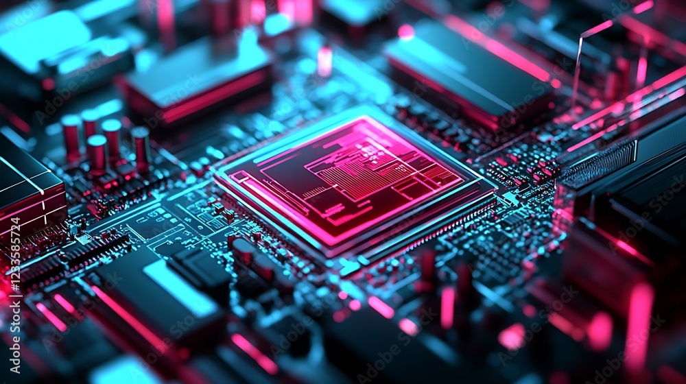 Poster Vibrant Red and Blue Microchip on Circuit Board with Illuminated Details : Generative AI