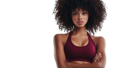 3d portrait of a beautiful young woman with curly hair standing with arms crossed on a transparent background, photo PNG image, PNG file, Generative art.