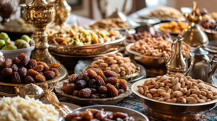 Sumptuous spread of traditional arabic ramadan cuisine with dates, almonds, and flavorful dishes