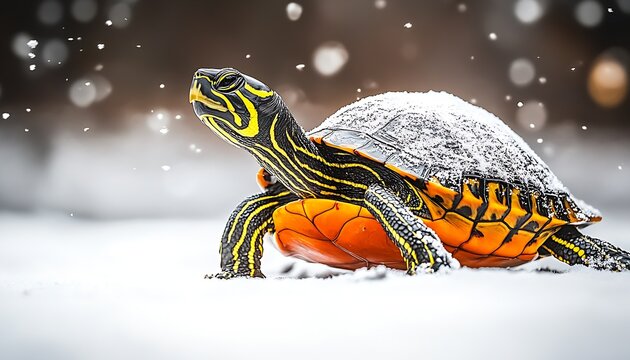 Painted Turtle in Winter Adventure Amid Snowflakes on Snowy White Background : Generative AI