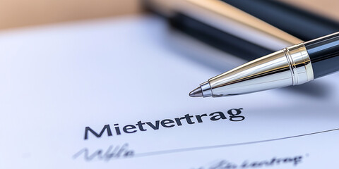 Miet - Vertrag der zur Unterdschrift ist. Kugelschreiber liegt auf dem Tisch. Vertrag - Mietvertrag - Unterschrift - Mietkosten - Wohnung