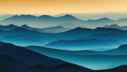 Obraz premium Majestic Sunset Overlaying Subtle Mountain Layers, Bathed in Soft Hues and Shadows as the Evening Sky Transforms into a Symphony of Colors.