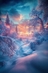 Fototapeta premium Beautiful aurora and winter landscape with snow forest.