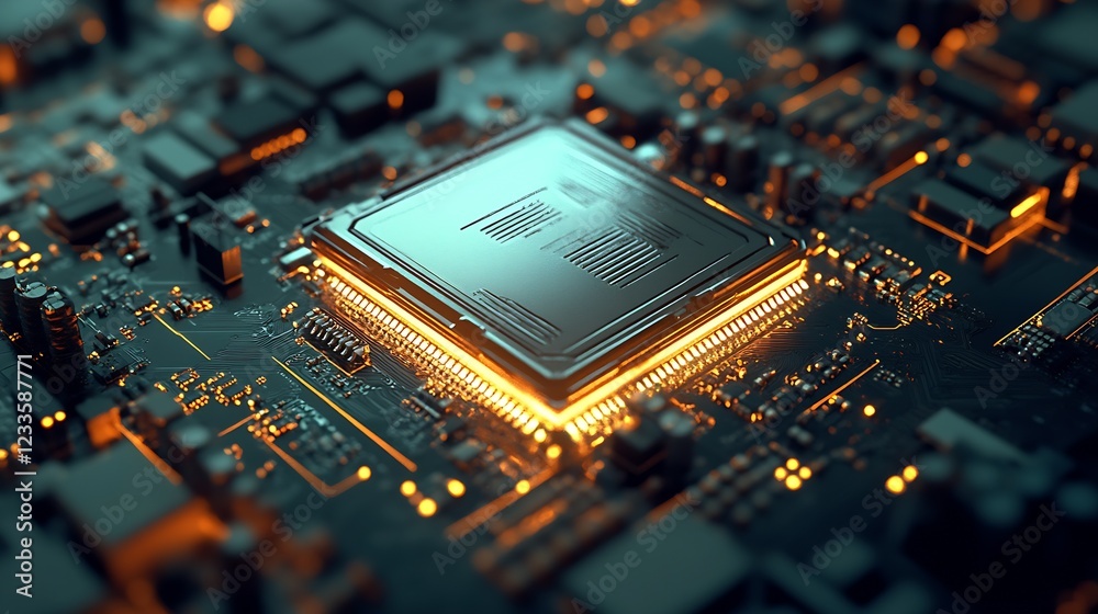 Poster High-Tech Circuit Board with Illuminated Chip for Advanced Electronic Devices : Generative AI
