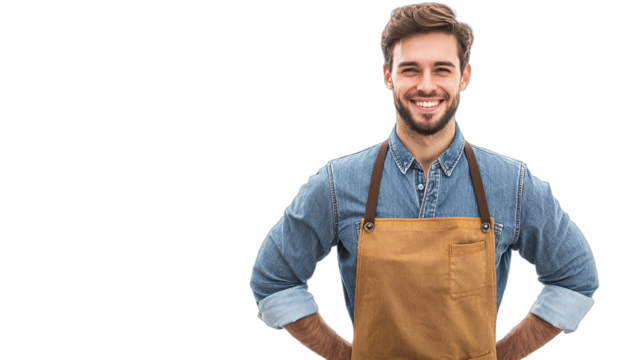 a portrait of a happy young man wearing overalls with his hands in his pockets against a transparent background, photo PNG image, PNG file, Generative art.
