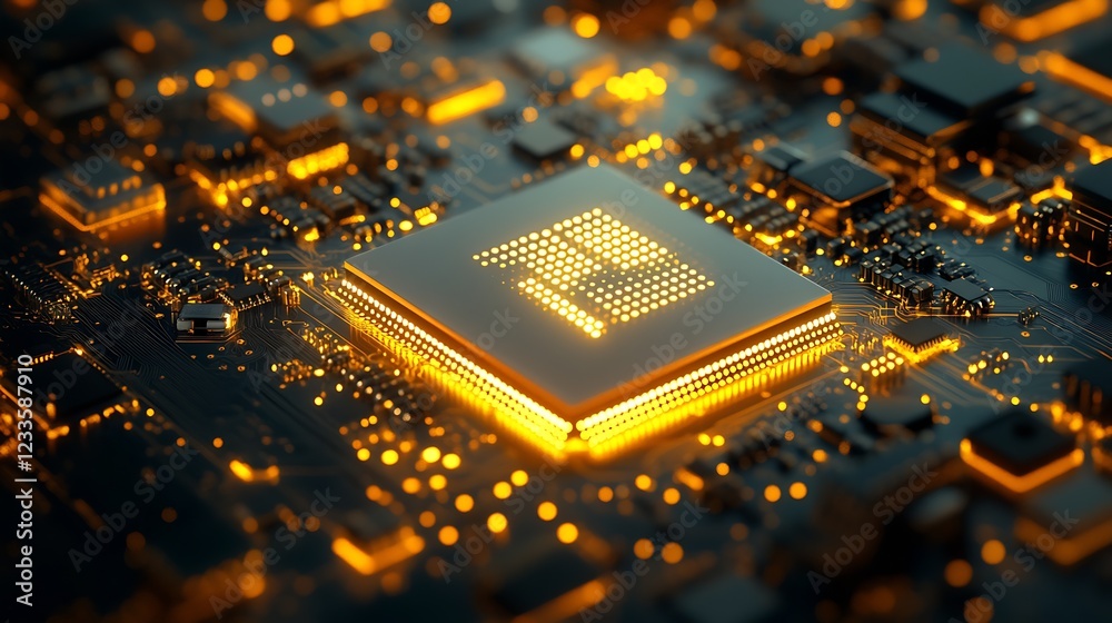 Poster High-Tech Nano Microchip Glowing on Advanced Circuit Board Design : Generative AI