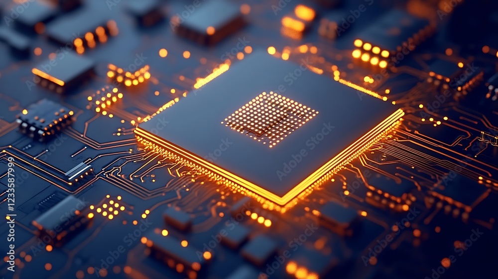 Poster Advanced Computer Chipset on Electronic Circuit with Illuminated Details and Design : Generative AI