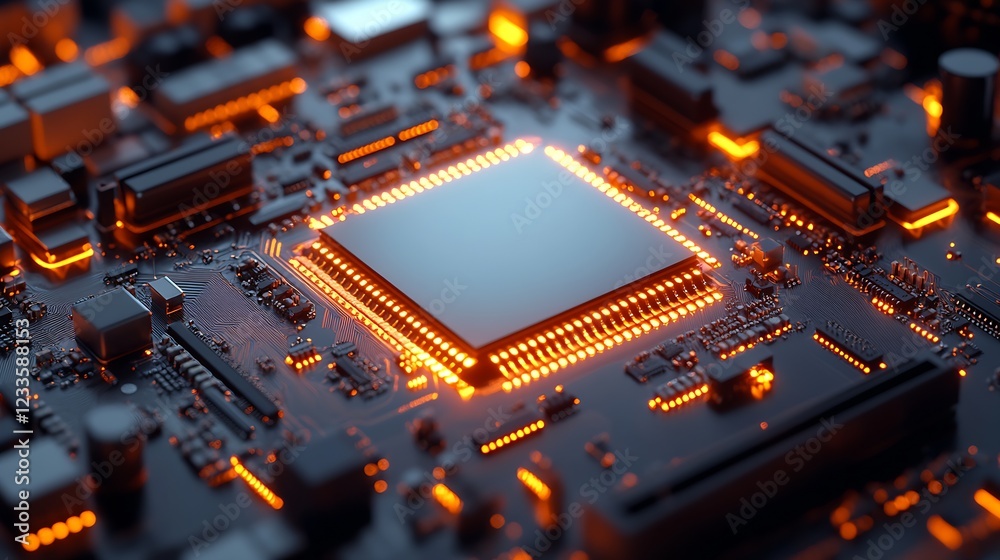Poster State-of-the-Art Computer Microchip on Electronic Circuit Board with Glowing Neon Elements : Generative AI