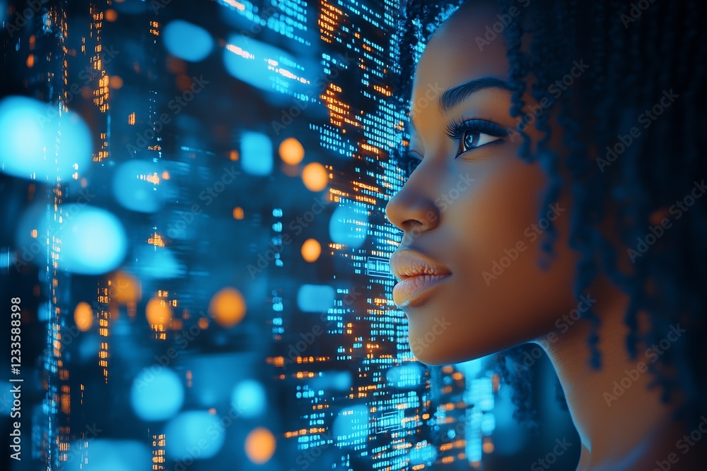 Aufkleber Conceptual Cyber Portrait of Woman with Blue and Orange Light Data Pattern Visual Elements : Generative AI