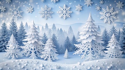 Fototapeta premium Festive paper cutouts on a winter scene with snowflakes and pine trees