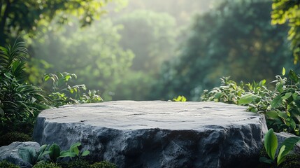 A 3D illustration of a stone podium placed on a rugged rock platform. 