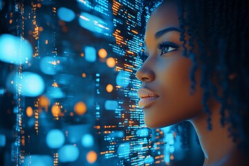 Conceptual Cyber Portrait of Woman with Blue and Orange Light Data Pattern Visual Elements : Generative AI