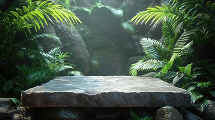 A 3D illustration of a stone podium placed on a rugged rock platform. 