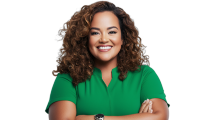 a beautiful young woman in a green shirt posing with her arms crossed on a transparent background, photo PNG image, PNG file, Generative art.