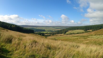Obraz premium Serene Valley Landscape: Rolling Hills, Golden Grass, and Distant Woodlands Under a Bright Sky