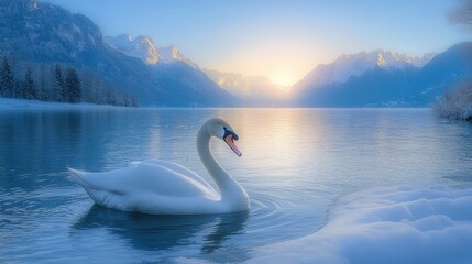Fototapeta premium Swan in lake with snow covered forest in winter.