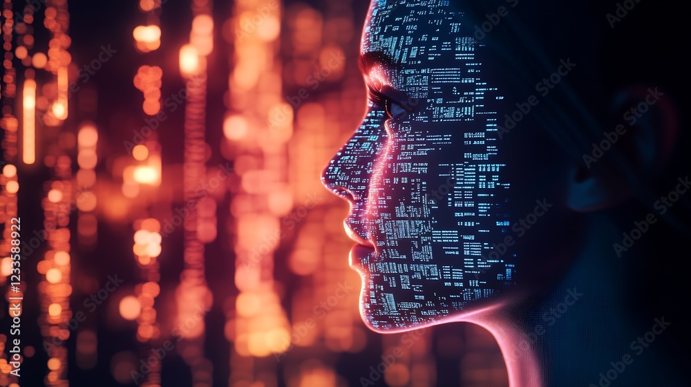 Poster futuristic woman portrait with digital code overlay in neon lights : generative ai