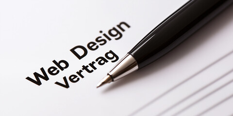 Fototapeta premium Webdesign Vertrag der zur Unterdschrift ist. Kugelschreiber liegt auf dem Tisch. Vertrag - Webdesign - Unterschrift