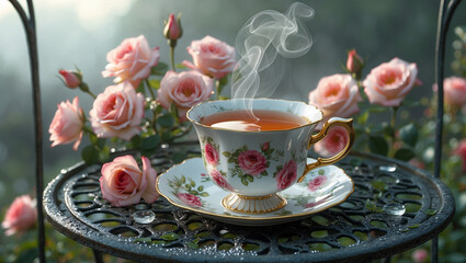 Fototapeta premium A vintage floral teacup with steaming hot tea, placed on an antique iron garden tables