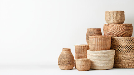 Fototapeta premium Artisan crafted baskets made from natural materials, showcasing various textures and shapes, perfect for home decor and organization