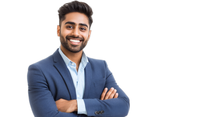 a portrait of a young man wearing a blue suit and blue shirt standing with his arms crossed and looking at the camera with a transparent background, PNG image, PNG file, Generative art.