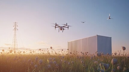 Fototapeta premium A futuristic supply chain with drone deliveries powered by renewable energy.