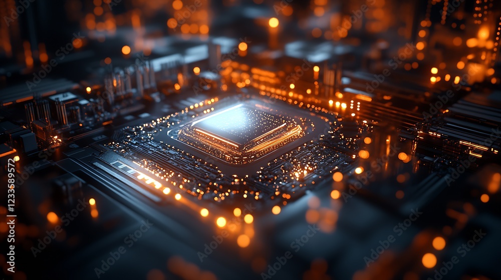 Poster Futuristic Electronic Circuitry With Illuminated Microchip Center Technological Progress : Generative AI
