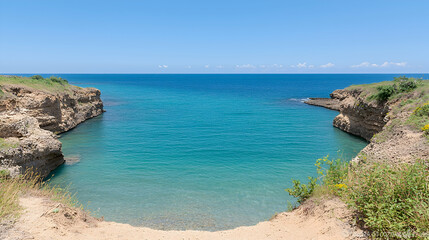 Fototapeta premium Secluded cove, turquoise water, sunny day, coastal landscape, travel brochure