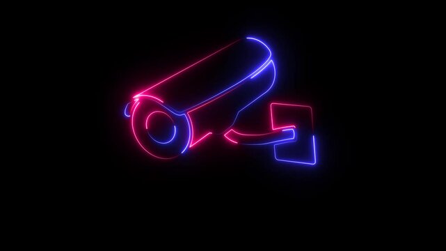Animated neon cc camera icon. cctv camera motion graphics. glowing Security camera icon.