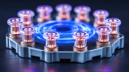 Circular tech device glowing blue, dark background, innovation concept, product photography