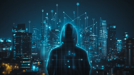 Hacker are planning to hack and attack networks and cyber security , innovative Smart city and graphs with statistics to analyze business potential and predict future developments in company growth