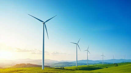 Fototapeta premium Wind turbines stand tall in serene landscape, showcasing clean energy solutions under bright blue sky. scene evokes sense of tranquility and sustainability
