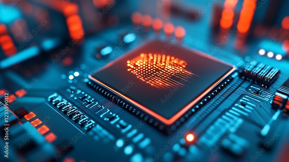 Poster Close-Up of High-Tech Microchip with Luminous Digital Interface for Enhanced Processing : Generative AI